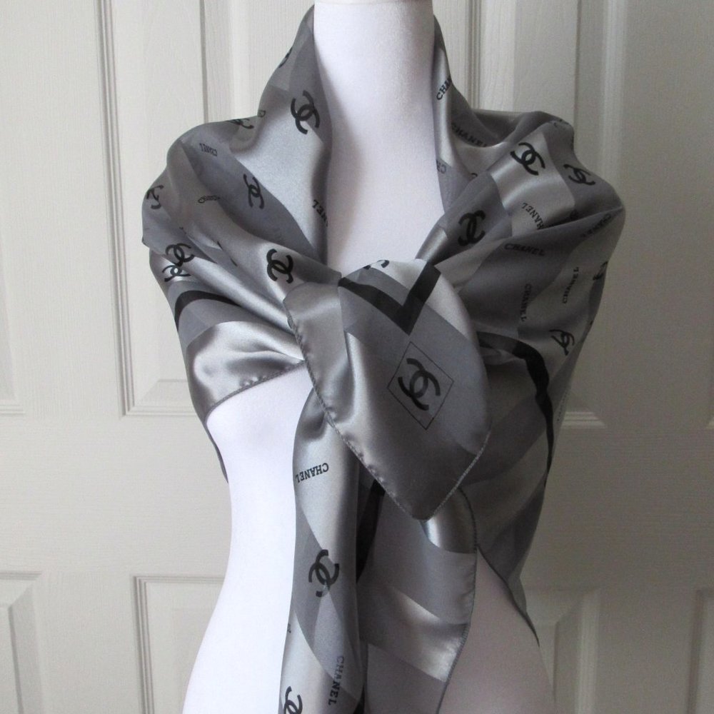 CHANEL Silky Sheer  SCARF Logo Gray Large Elegant Black Silver